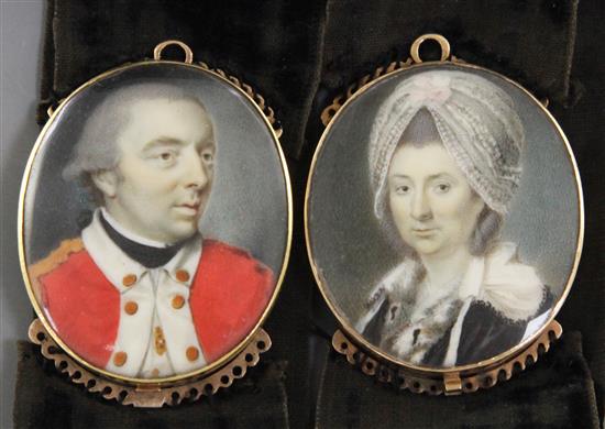 Samuel Collins (c.1735-1768) Miniatures of an army officer and a lady 1.5 x 1.25in., gold bracelet frames